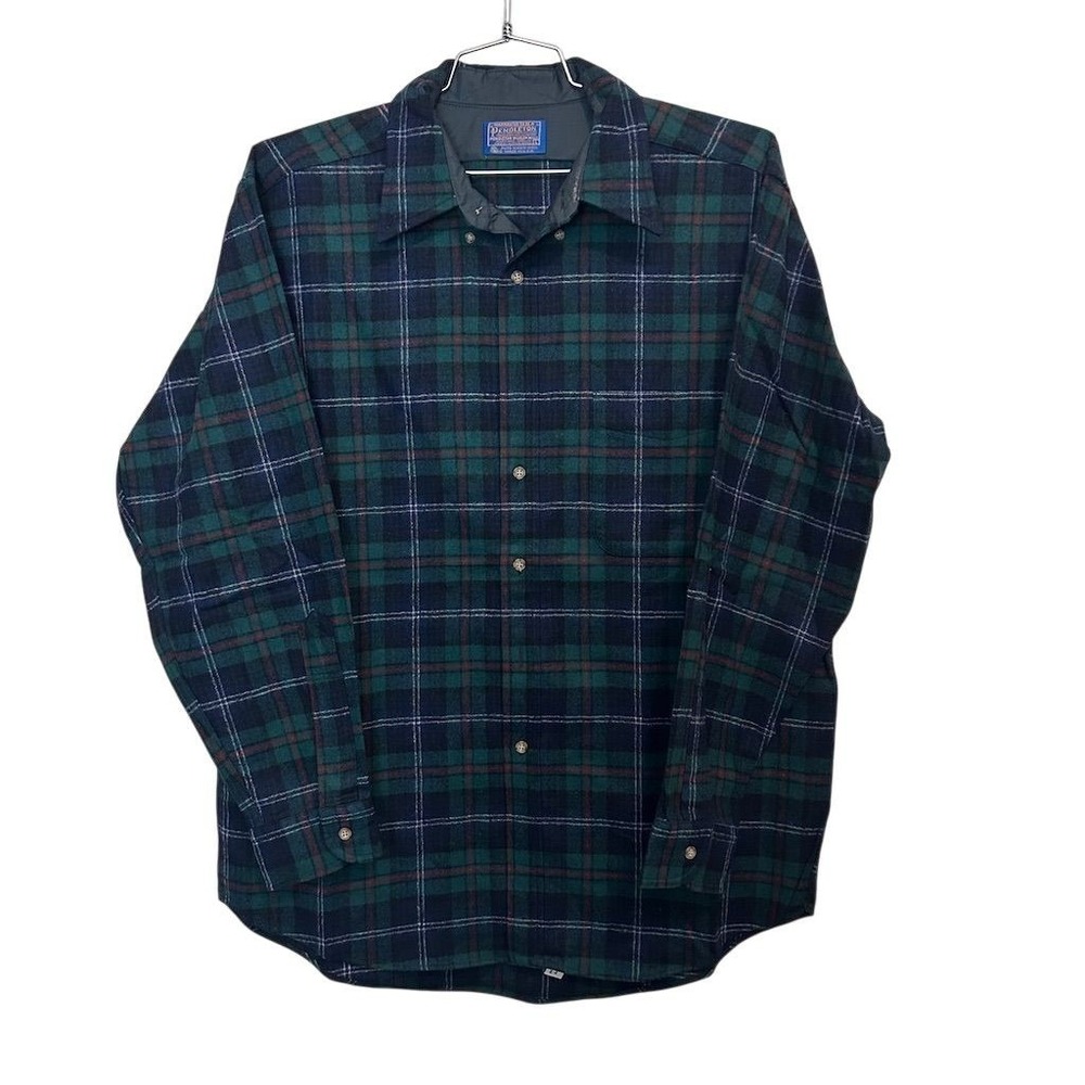 Vintage Pendleton Fireside Shirt Mens‎ Large Black Watch Tartan Plaid Green 70s